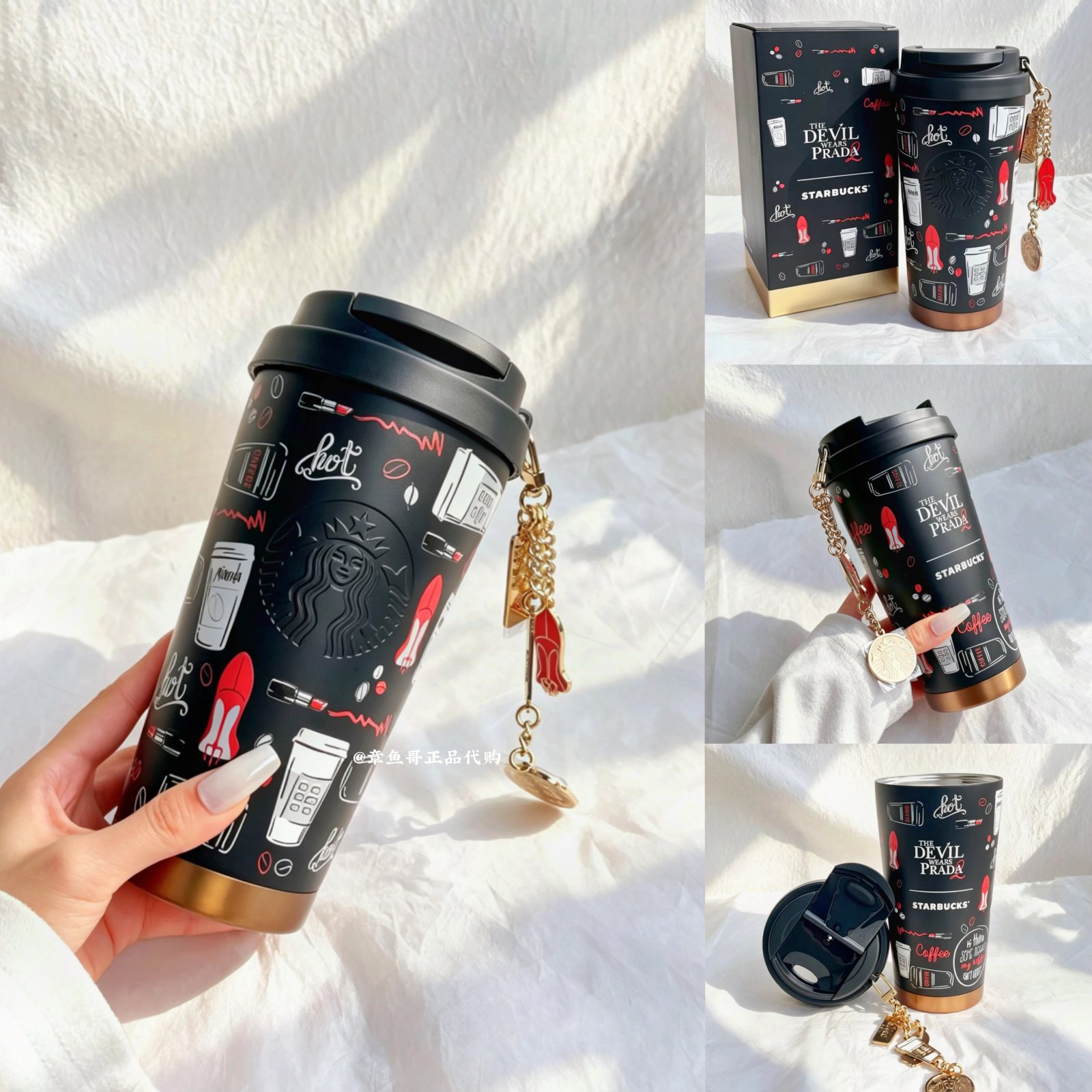 Black 500ml stainless steel travel mug with metal pendant