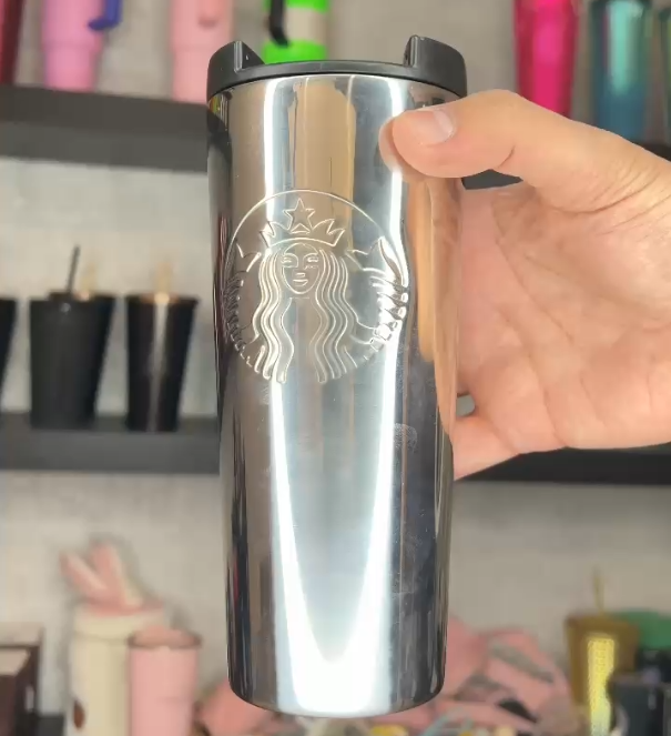 silver tumbler from Starbucks (stainless)