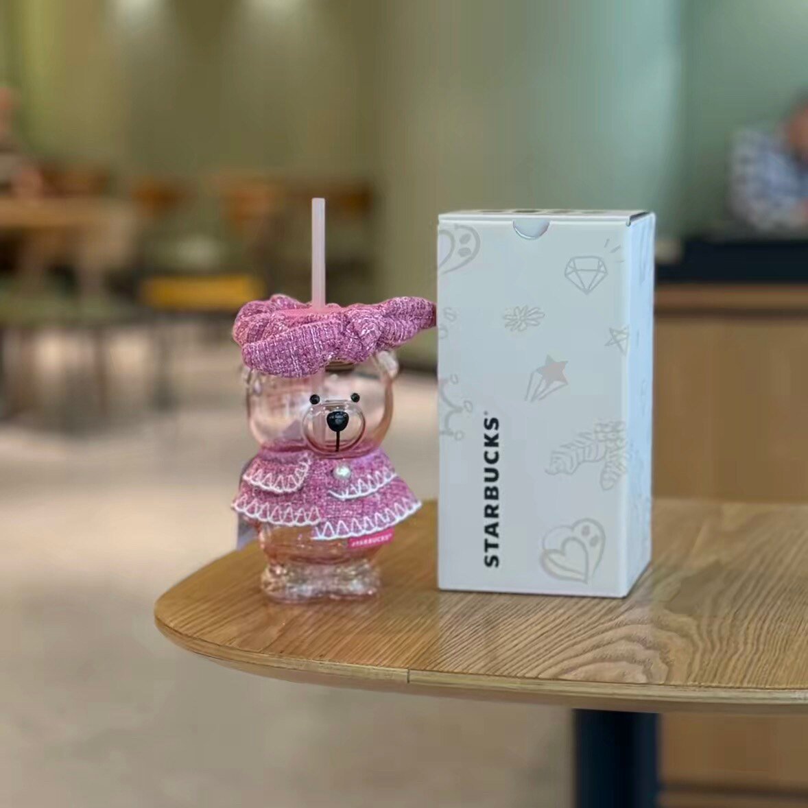 460ml Pink Bear Glass Straw Cup