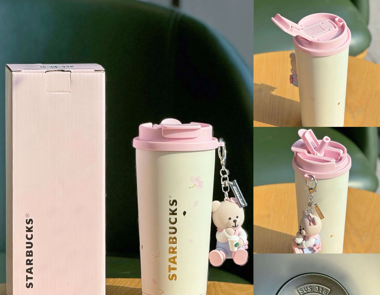 480ml Cherry Blossom Spring Bloom Stainless Steel Double Drinking Cup + Pendant