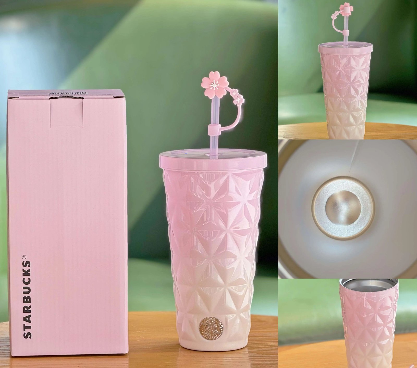 590ml Cherry Blossom Stainless Steel Straw Cup + Dust Plug