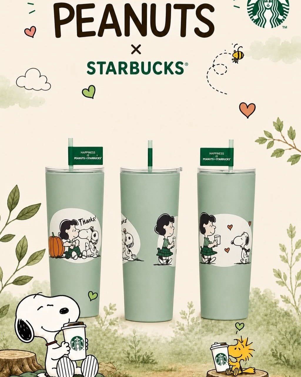 Peanuts Snoopy Green Stainless Steel Straw Cup 710ml